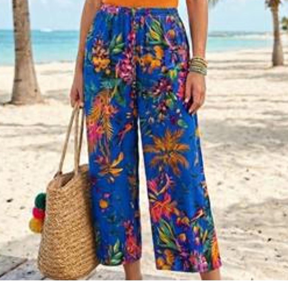 Cynthia Rowley Tropical Floral Wide Leg Pants Blue S Beach Boho Vacation Summer